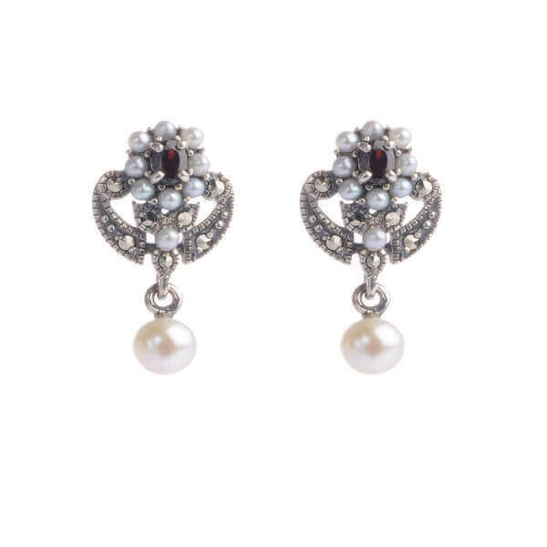 Garnet & Seed Pearl Antique Design Earrings  |  Silver