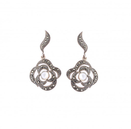 Mother Of Pearl & Marcasite Asymmetrical Drop Earrings  |  Silver
