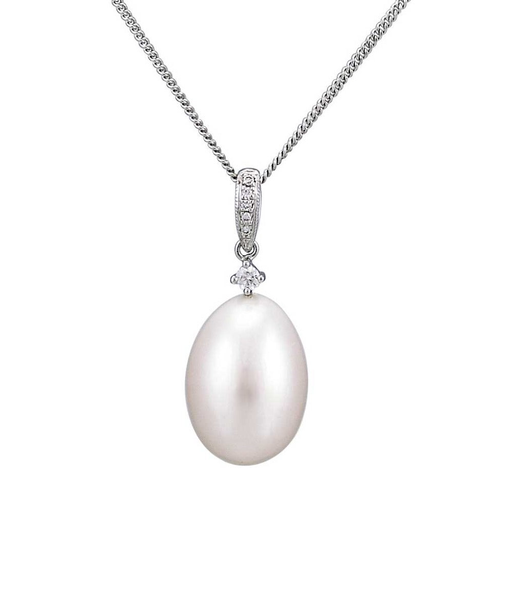 Antique Influenced Design Freshwater Pearl & Diamond Dropper Pendant  |  18ct White Gold