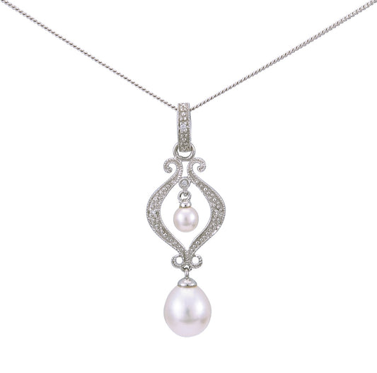 Vintage Style Freshwater Pearl Symmetrical Diamond Set Pendant  |  9ct White Gold