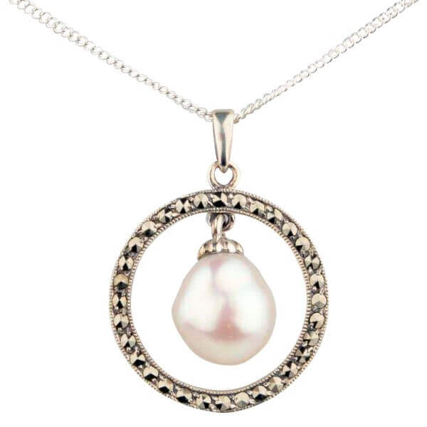 Freshwater Baroque Pearl & Marcasite Vintage Style Pendant  |  Silver