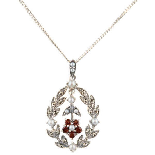 Antique Style Garnet, Marcasite and Seed Pearl Pendant and Chain  |  Silver