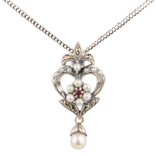 Antique Design Seed Pearl, Ruby & Marcasite Pendant and Chain  |  Silver