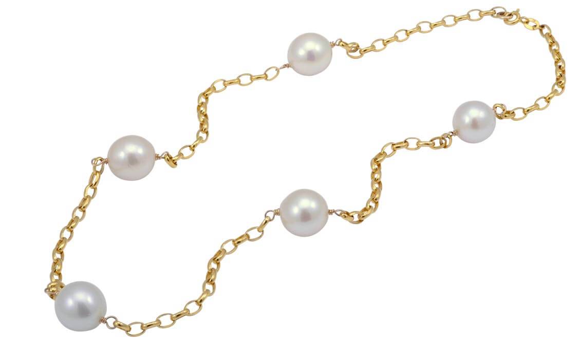 Freshwater Pearl & Oval Link Chain Necklace  |  9ct Yellow Gold