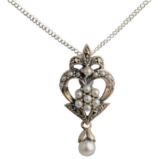 Seed Pearl & Marcasite Vintage Pendant and Chain  |  Silver