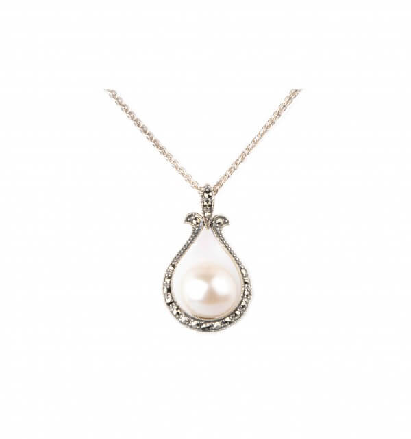 Baroque Freshwater Pearl & Marcasite Pendant with Chain  |  Silver