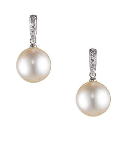 Dainty Vintage Style Freshwater Pearl & Diamond Earrings  |  18ct White Gold