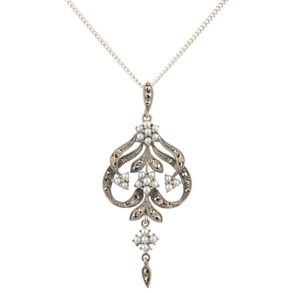 Antique Style Symmetrical Seed Pearl and Marcasite Pendant and Chain  |  Silver
