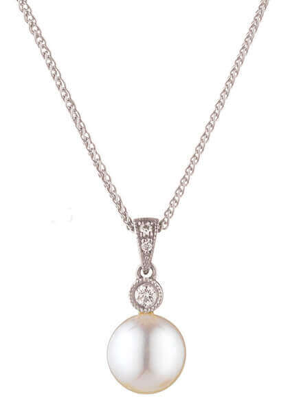 Vintage Style Freshwater Pearl & Diamond Pendant  |  9ct White Gold
