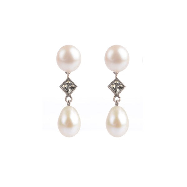 Freshwater Cultured Pearl & Marcasite Double Drop Earrings  |  Silver