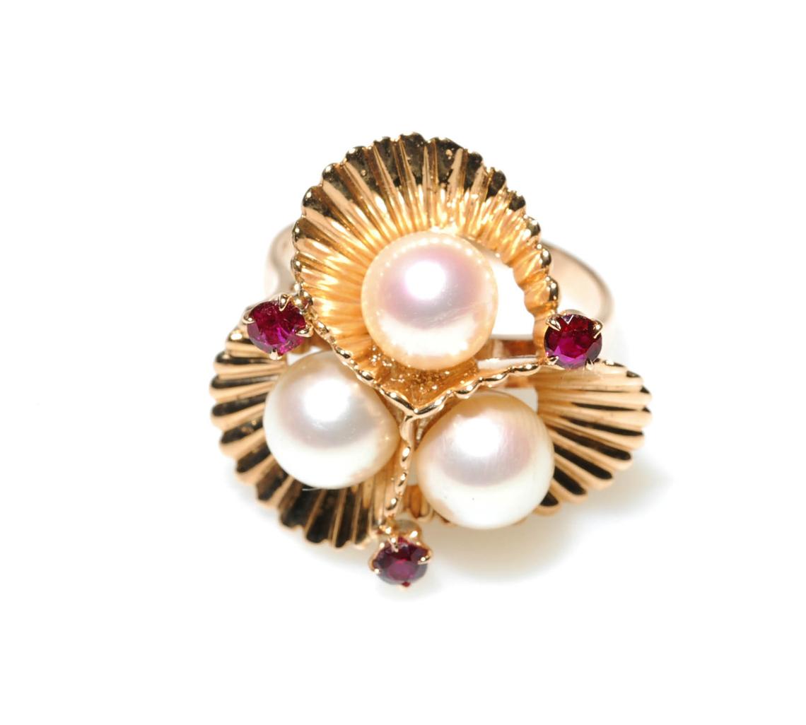 1950s 14K Akoya Pearl and Ruby "Spanish Dancer" Cocktail Ring