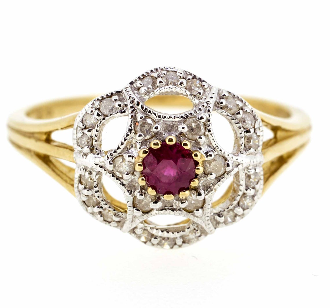 9ct Yellow Gold Antique Style Ruby and Diamond Cluster Ring
