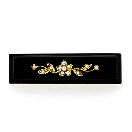 Victorian 9ct Yellow Gold Black Onyx and Pearl Brooch