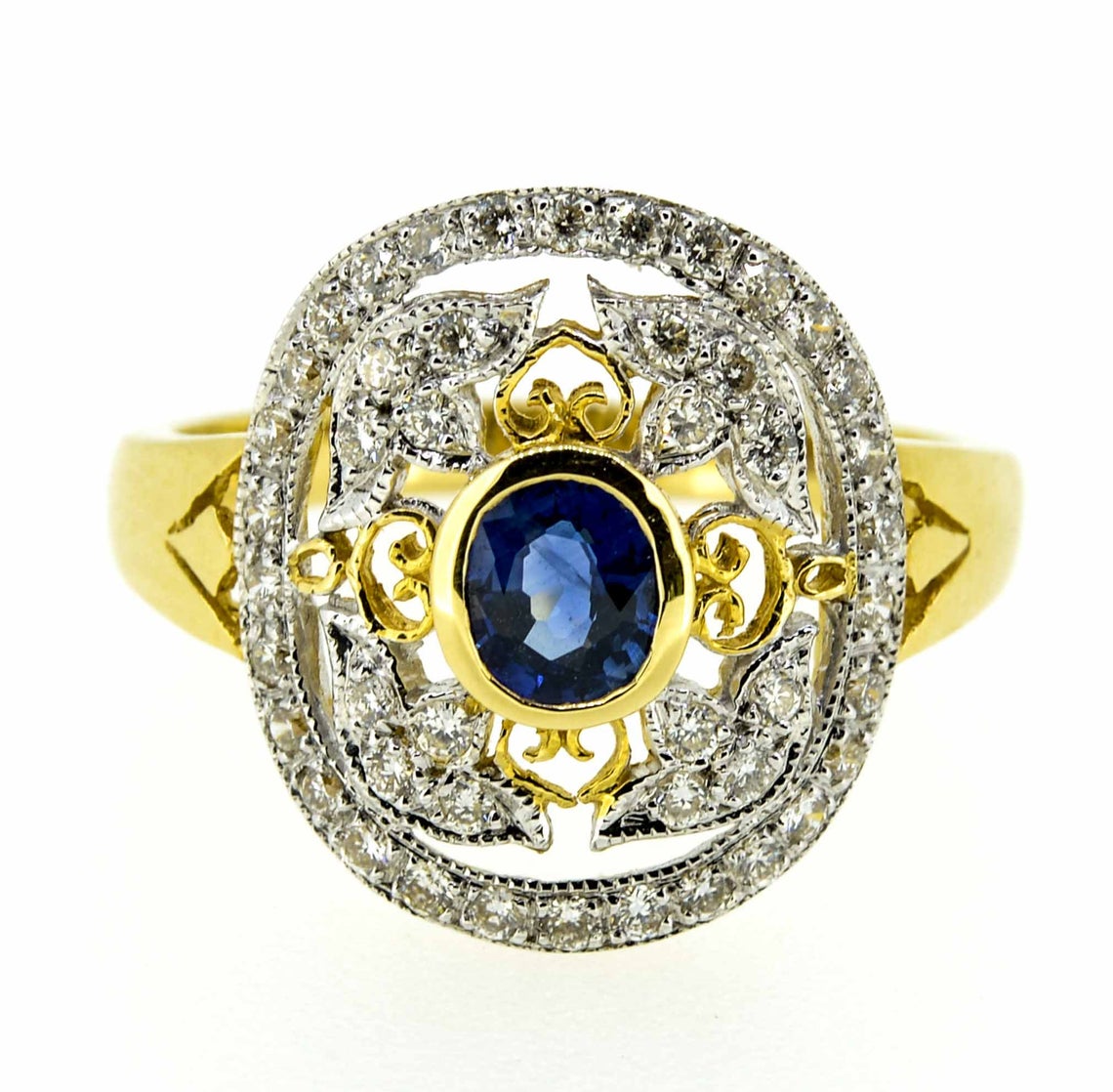 18ct Yellow Gold Antique Style Sapphire and Diamond Cluster Ring