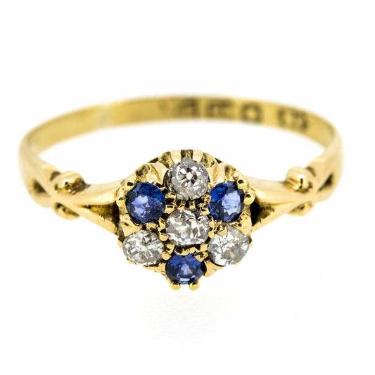 Edwardian 18ct Yellow Gold Sapphire and Diamond Cluster Ring