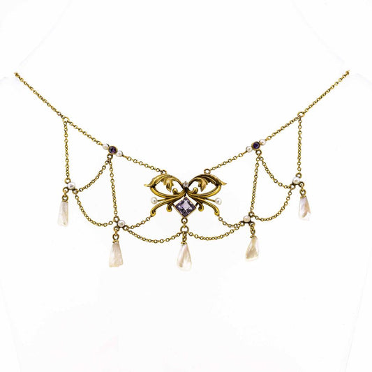 Art Nouveau Natural Pearl Amethyst & Diamond Necklace