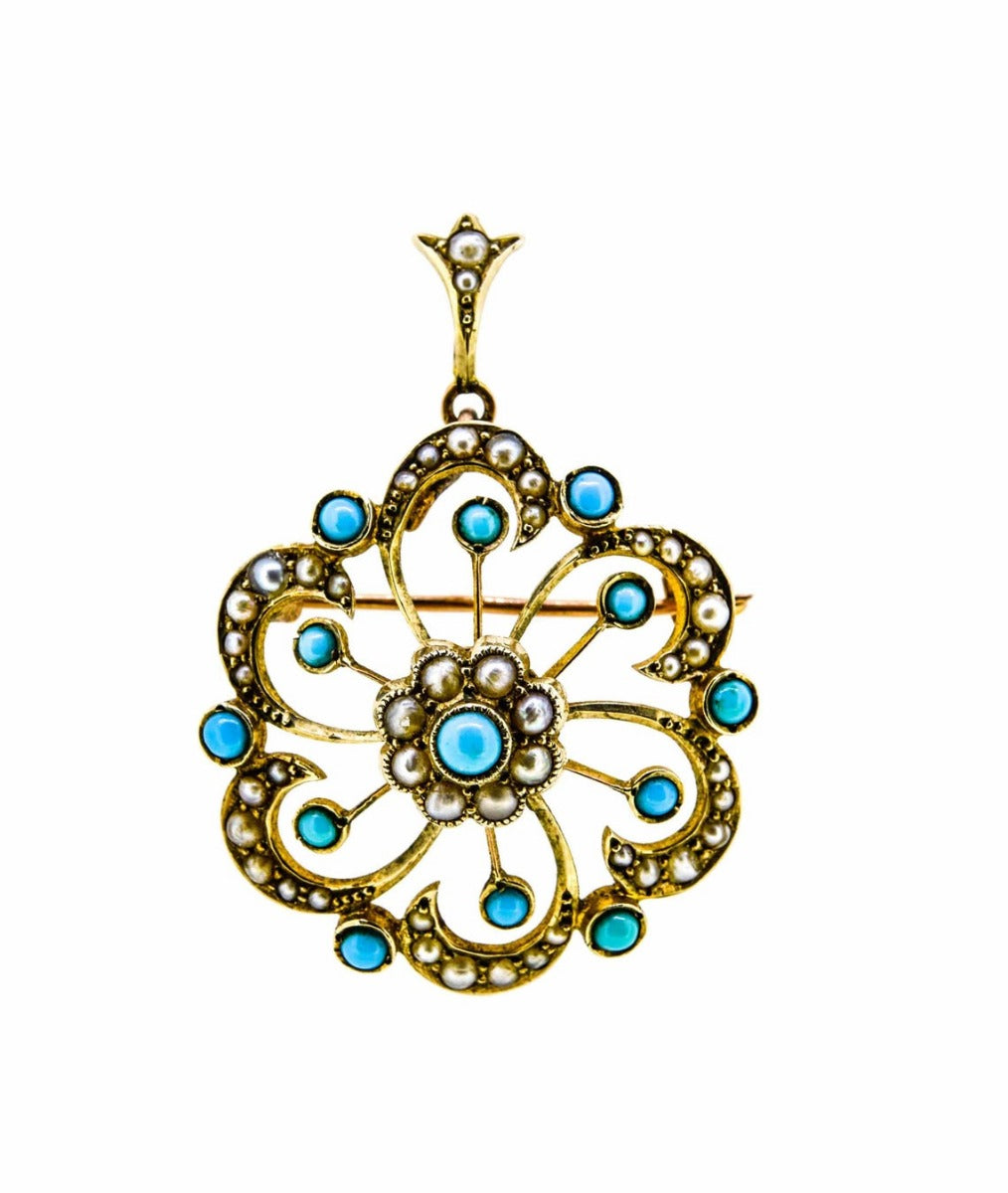 Victorian 9ct Gold Turquoise & Pearl Brooch / Pendant