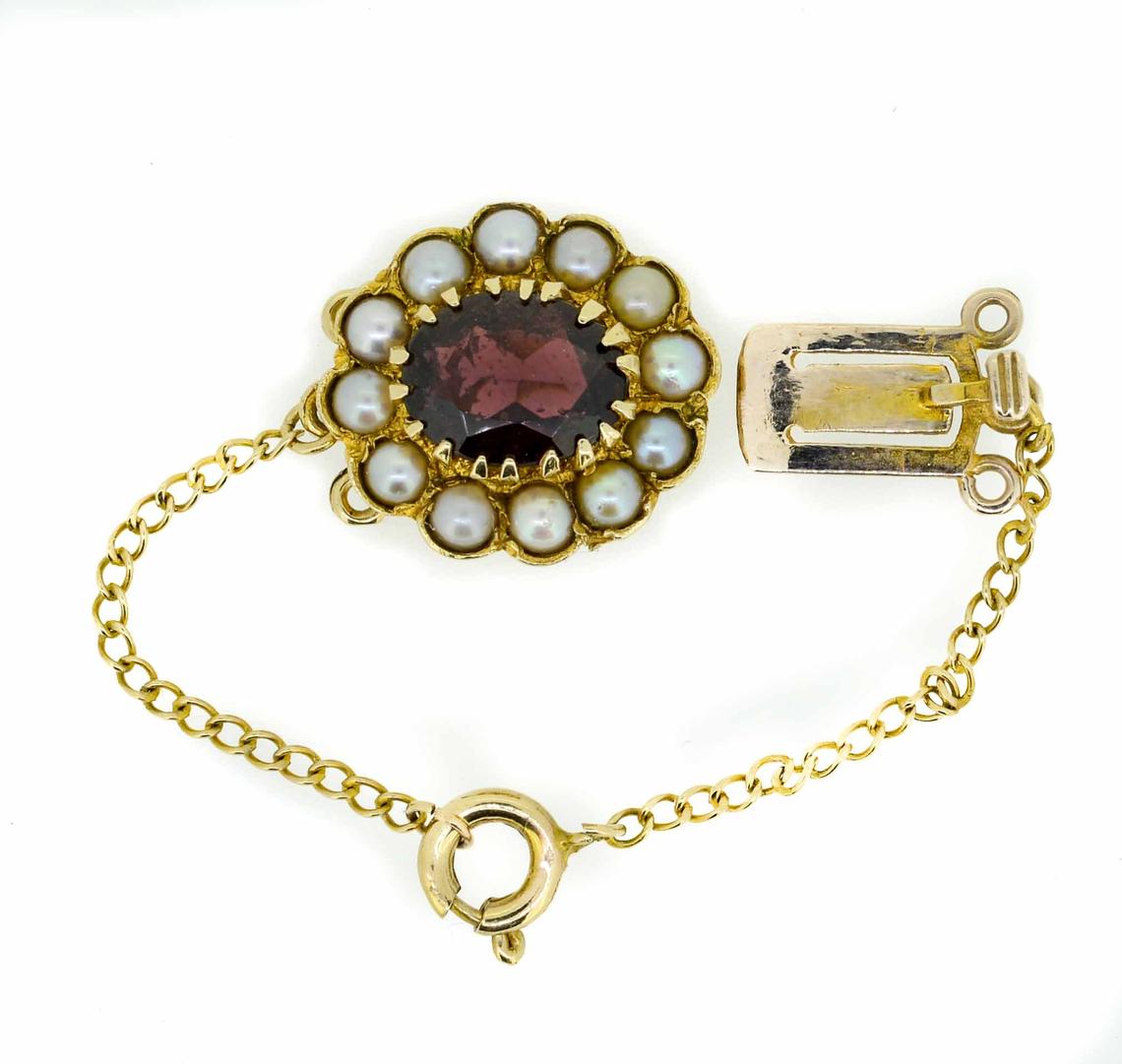 Mid 20th Century 9ct Yellow Gold Pearl and Garnet Cluster Clasp