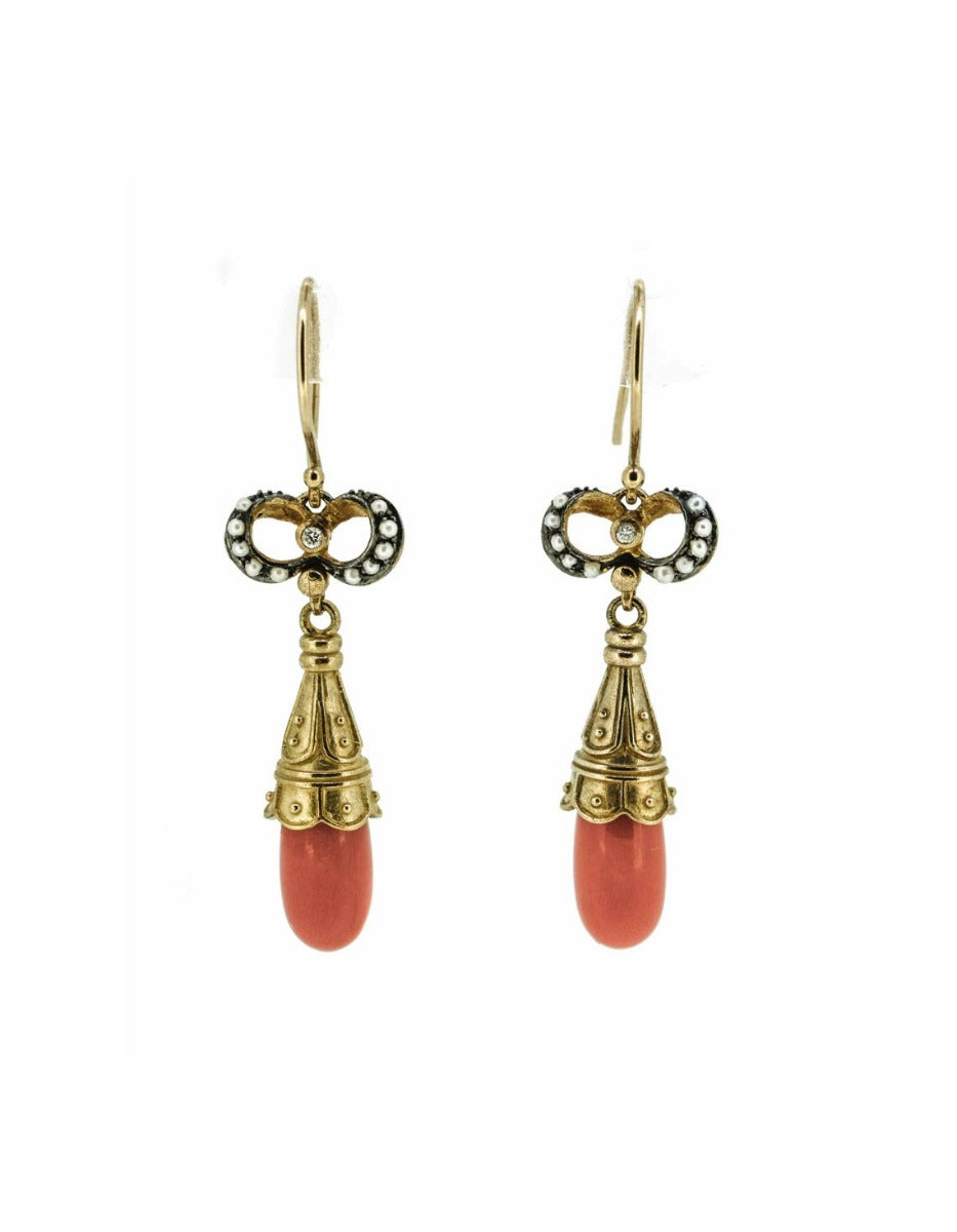 Victorian Style Coral, Diamond and Seed Pearl Drop Earrings