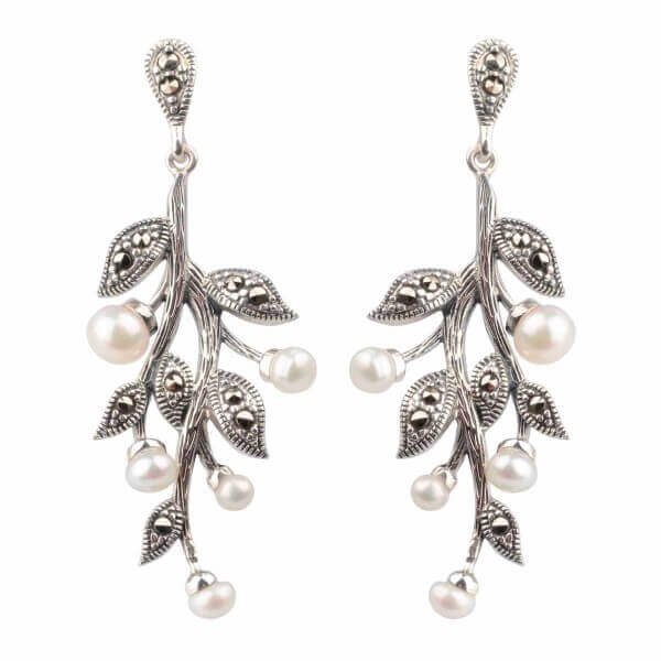 Freshwater Cultured Pearl & Marcasite Foliate Design Drop Earrings  |  Silver