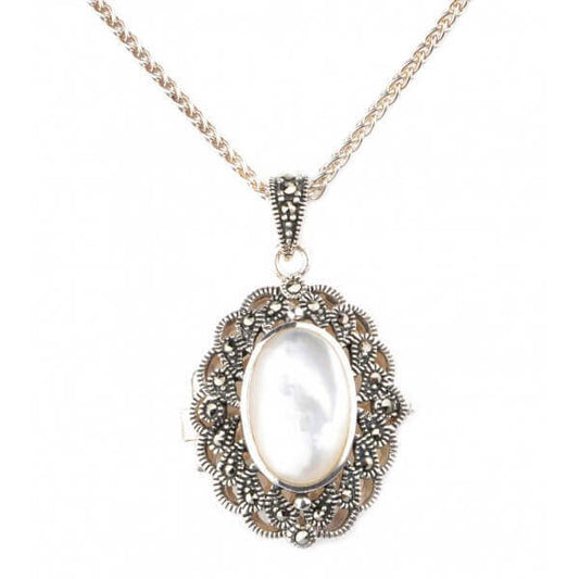 Mother of Pearl & Marcasite Oval Locket/Pendant and Chain  |  Silver