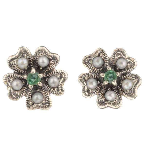 Emerald & Seed Pearl Clover Leaf Motif Stud Earrings  |  Silver