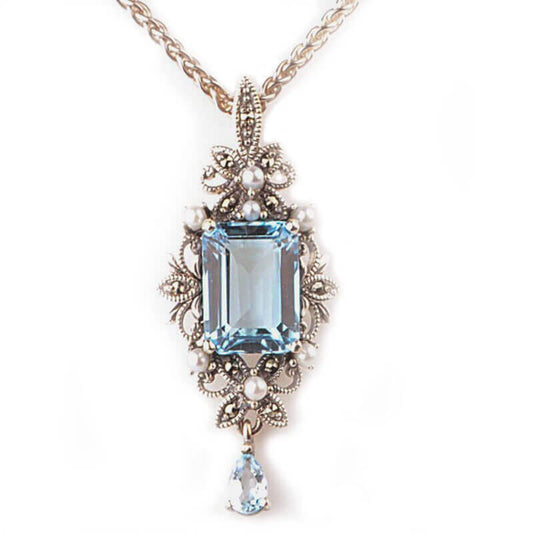 Antique Style Freshwater Cultured Pearl, Blue Topaz & Marcasite Pendant and Chain  |  Silver