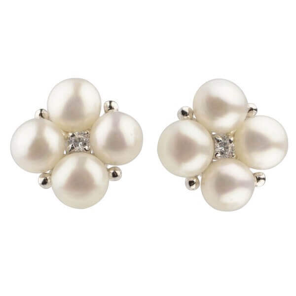 Freshwater Cultured Pearl & Cubic Zirconia Cluster Stud Earrings  |  Silver