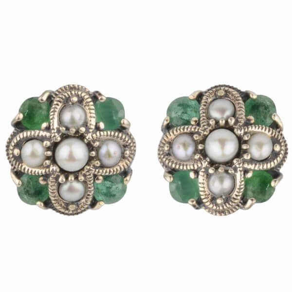 Emerald and Freshwater Seed Pearl Stud Earrings  |  Silver