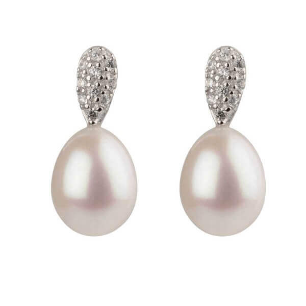 Freshwater Cultured Pearl & Cubic Zirconia Studded Earrings  |  Silver