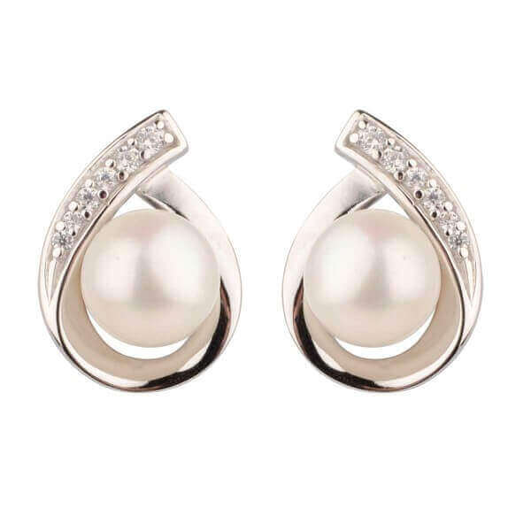 Freshwater Cultured Pearl & Cubic Zirconia Pear-shape Stud Earrings  |  Silver