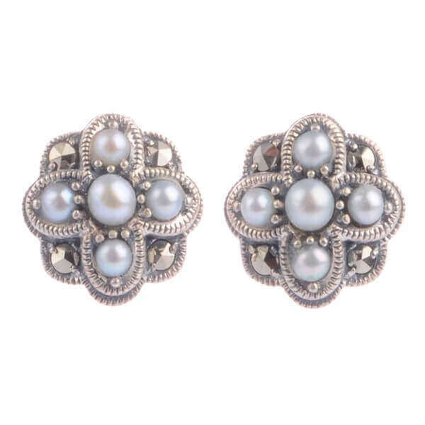Freshwater Cultured Pearl & Marcasite Vintage Design Earrings  |  Silver
