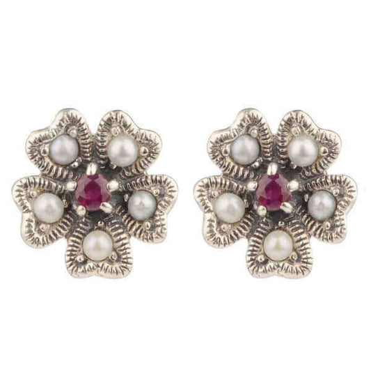 Ruby & Seed Pearl Clover Leaf Motif Stud Earrings  |  Silver