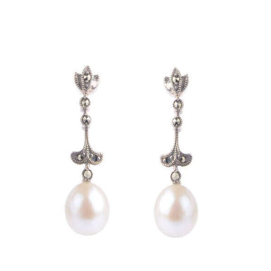 Freshwater Cultured Pearl & Marcasite Fleur-de Lys Drop Earrings  |  Silver