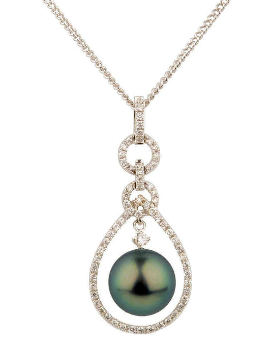 Vintage Inspired Design Tahitian Pearl & Diamond Pendant  |  18ct White Gold